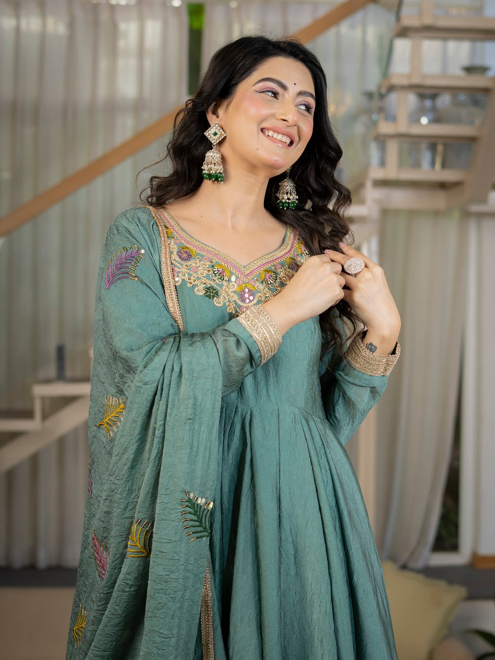 Teal Green Embroidered Flared Anarkali Suit Set for Festive Wear