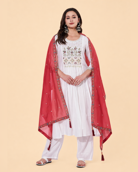 White Embroidered Anarkali Suit with Red Dupatta for Women