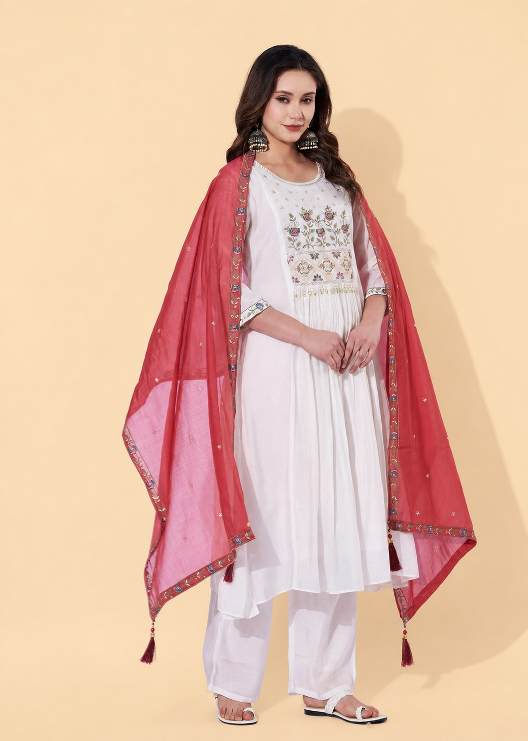 White Embroidered Anarkali Suit with Red Dupatta for Women