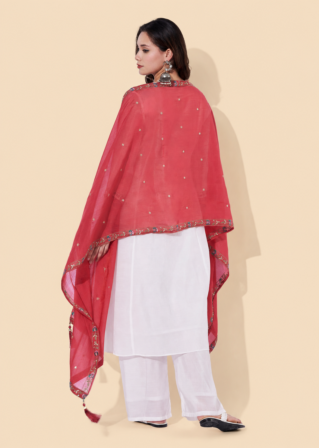 White Embroidered Anarkali Suit with Red Dupatta for Women