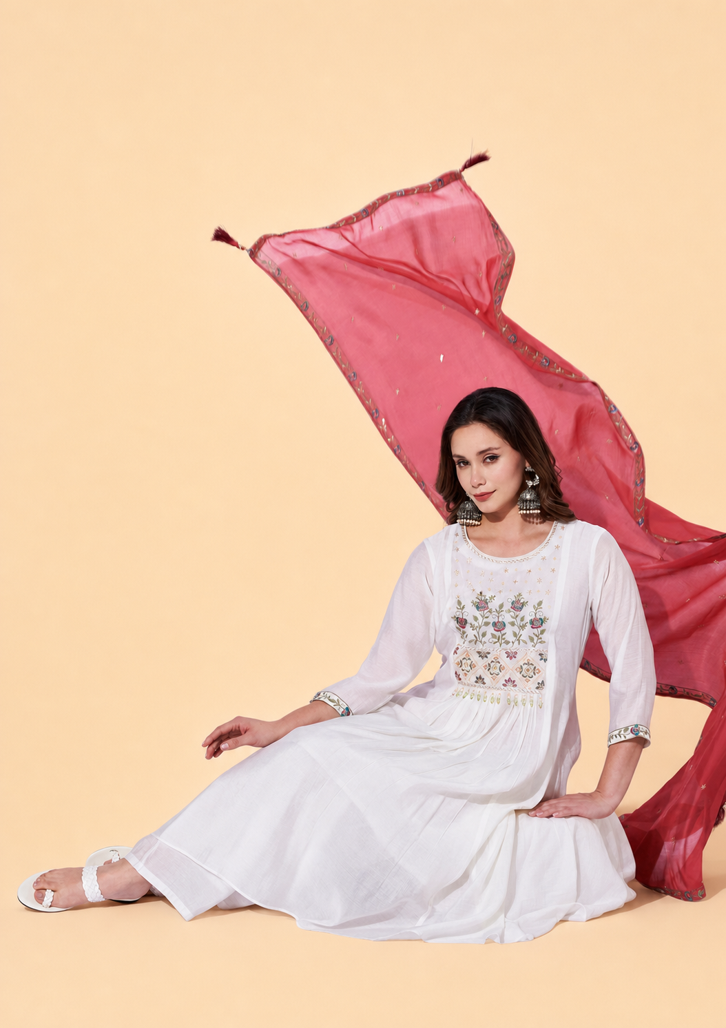 White Embroidered Anarkali Suit with Red Dupatta for Women