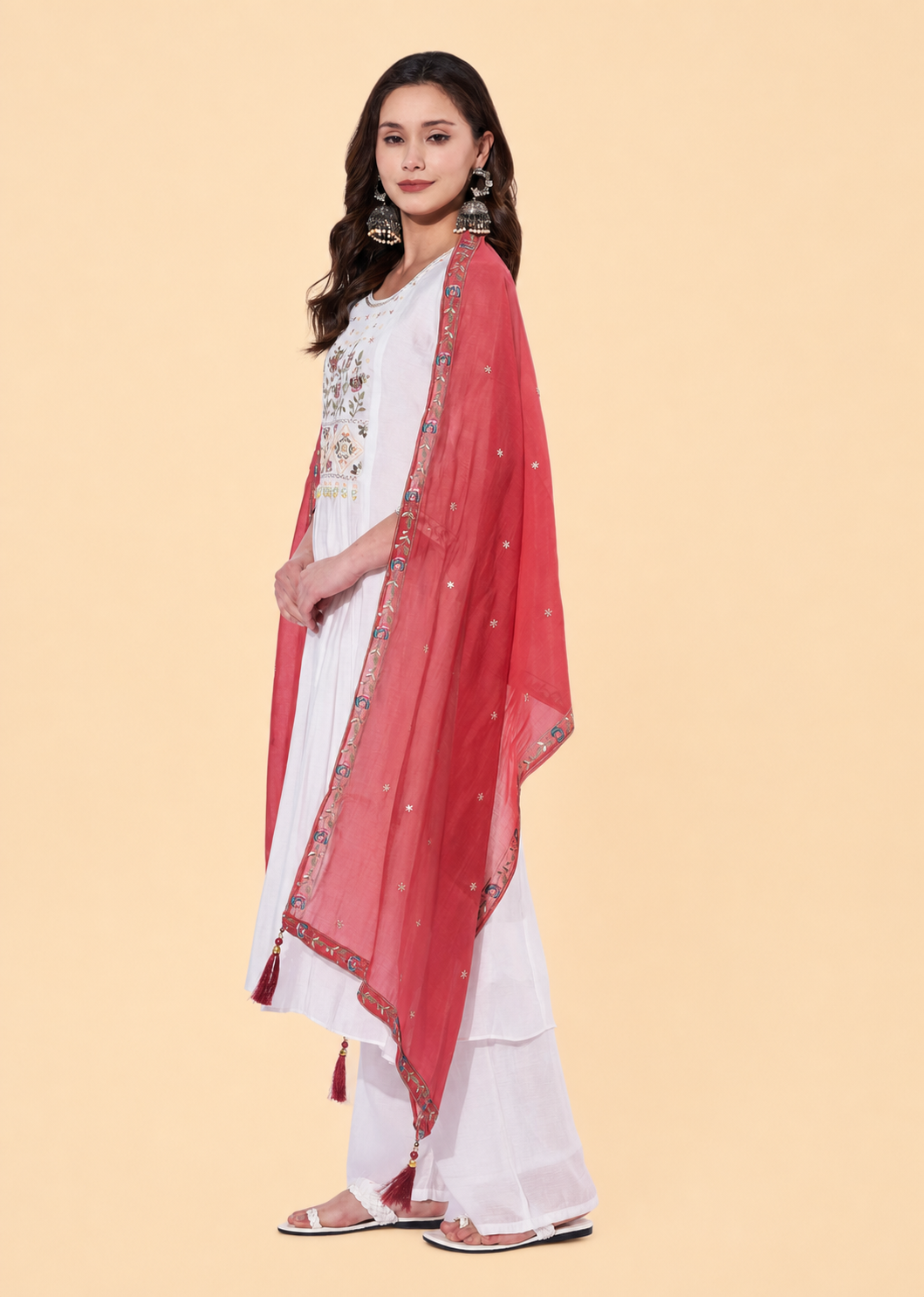 White Embroidered Anarkali Suit with Red Dupatta for Women