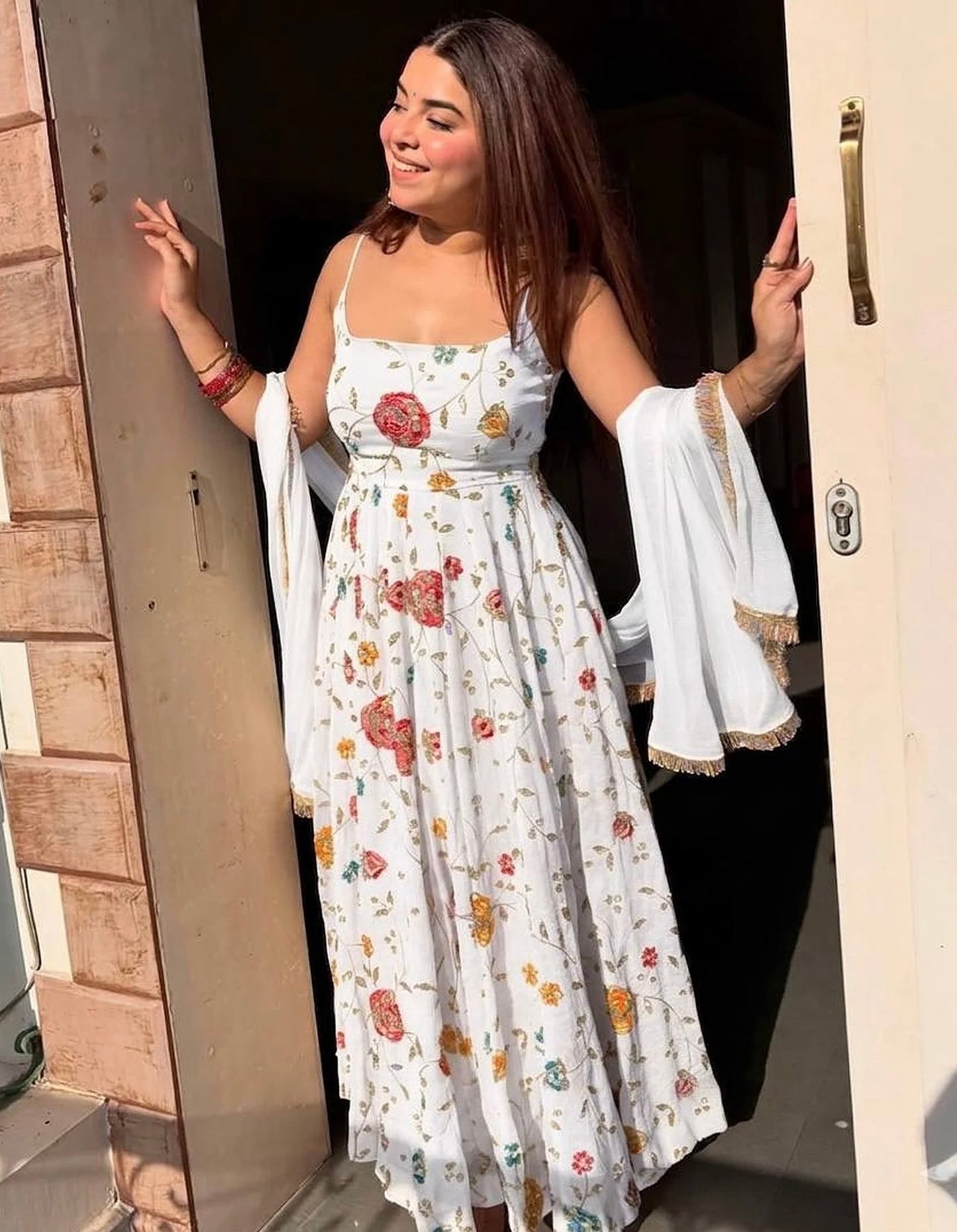 White Floral Anarkali Suit with Dupatta for Women-Diwali & Festive Wear