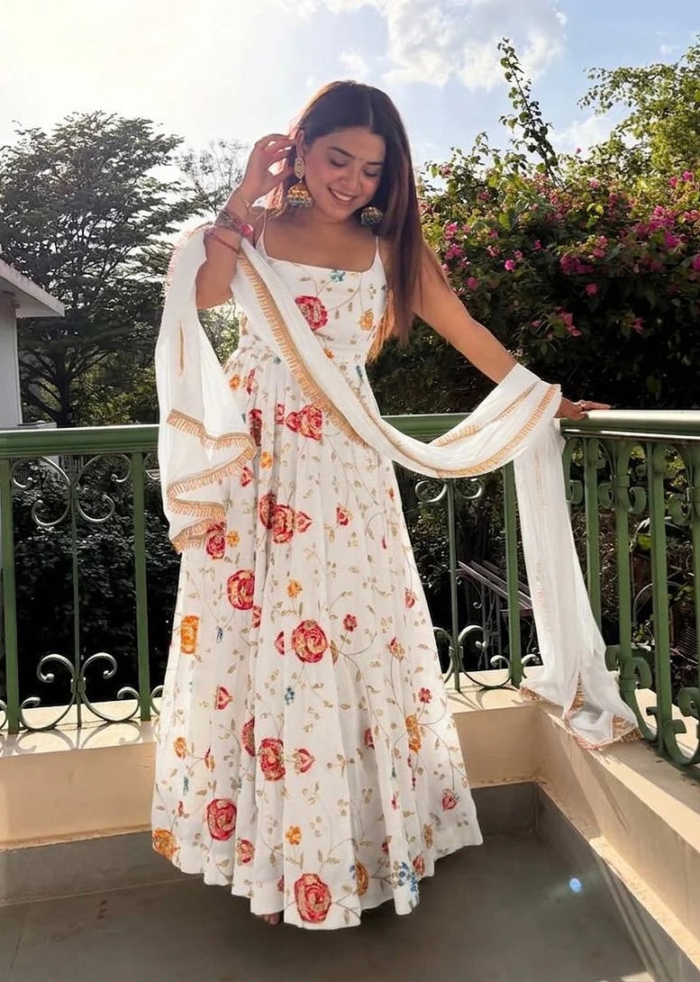White Floral Anarkali Suit with Dupatta for Women-Diwali & Festive Wear