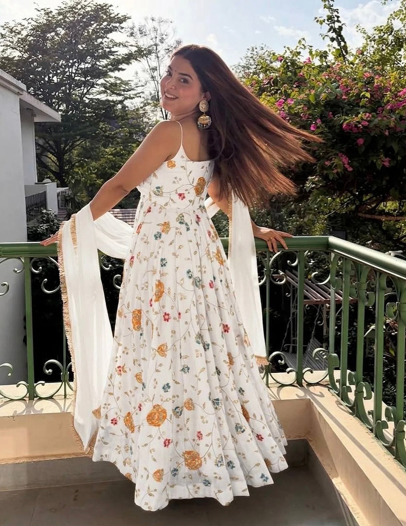 White Floral Anarkali Suit with Dupatta for Women-Diwali & Festive Wear