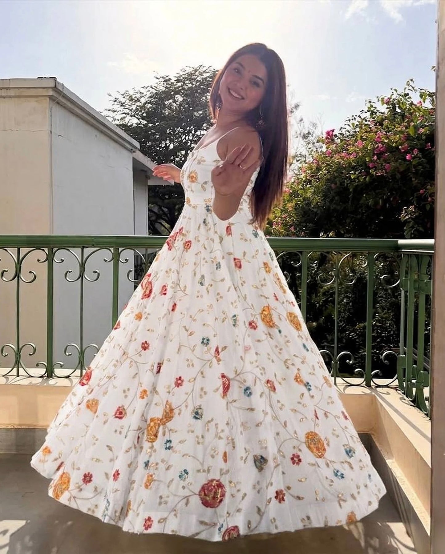 White Floral Anarkali Suit with Dupatta for Women-Diwali & Festive Wear