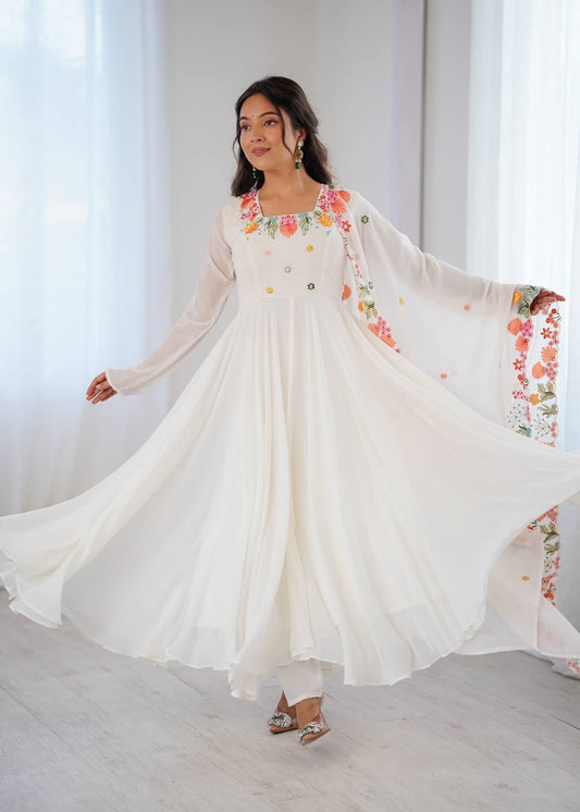 White Floral Embroidered Georgette Anarkali Suit with Dupatta