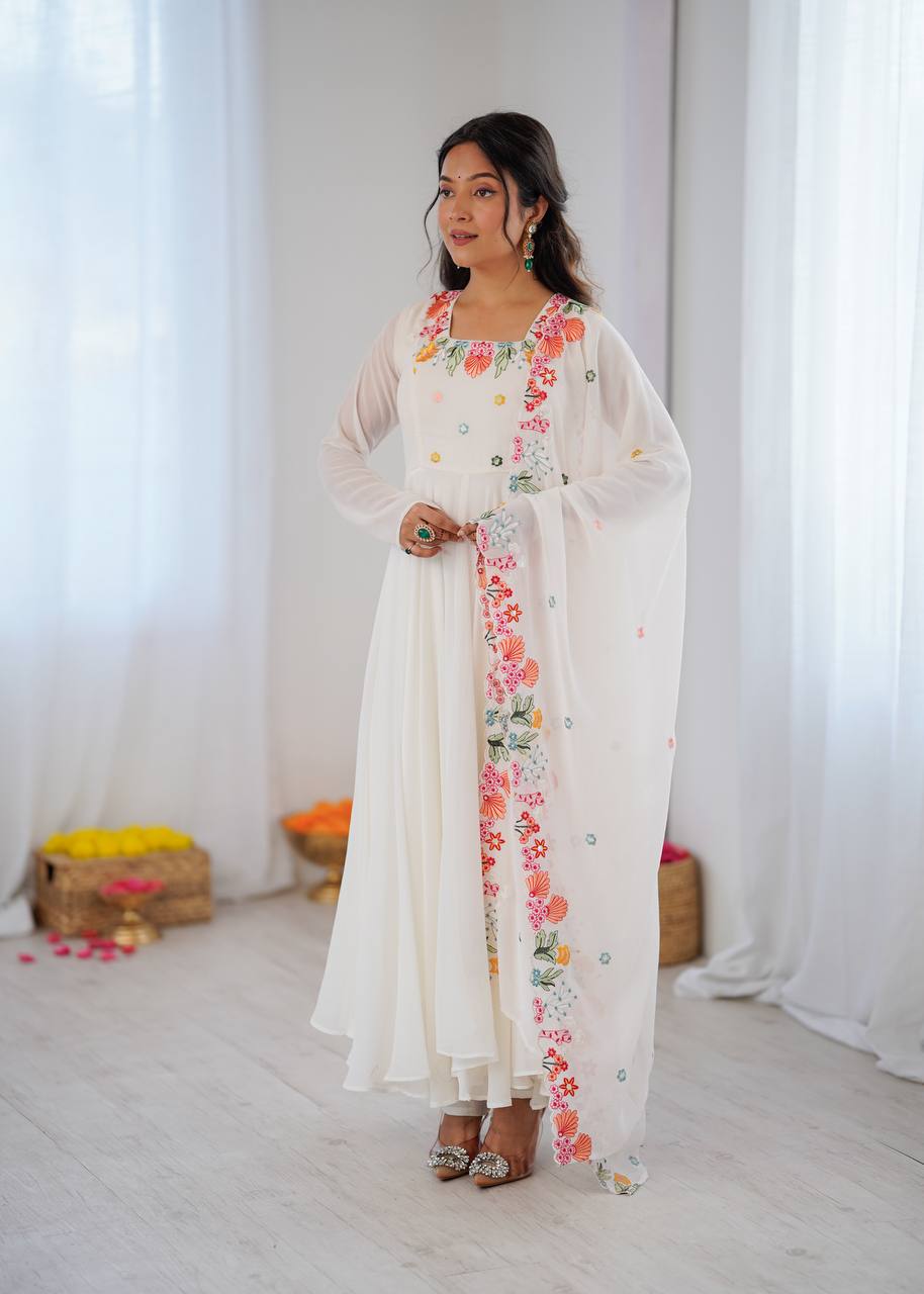 White Floral Embroidered Georgette Anarkali Suit with Dupatta