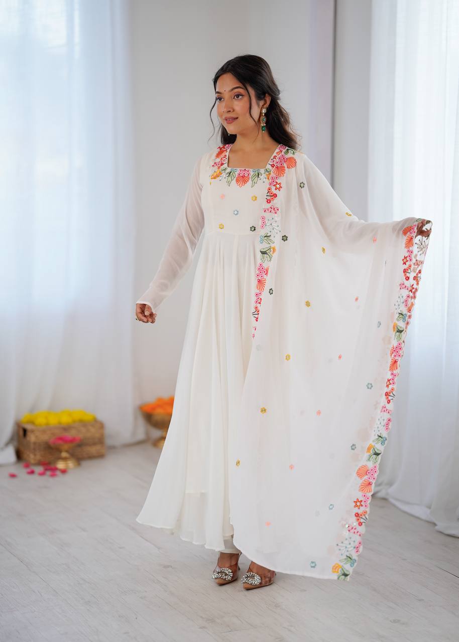 White Floral Embroidered Georgette Anarkali Suit with Dupatta