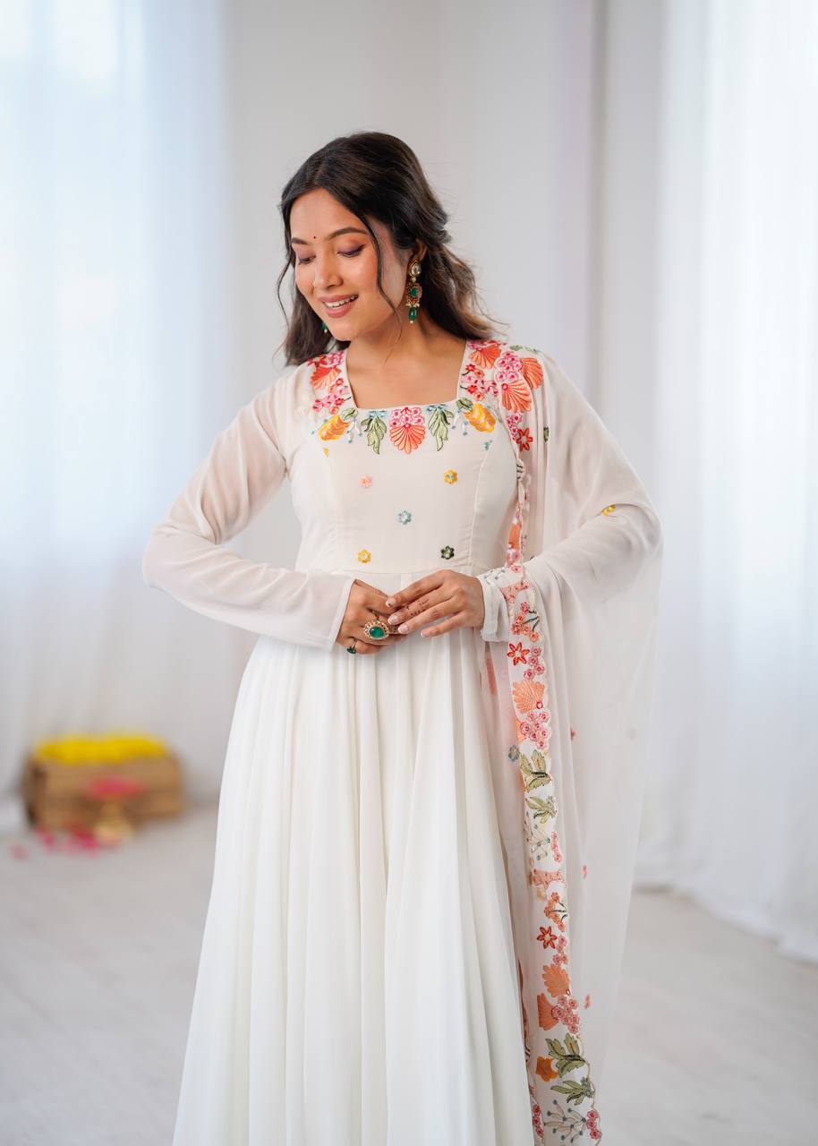 White Floral Embroidered Georgette Anarkali Suit with Dupatta