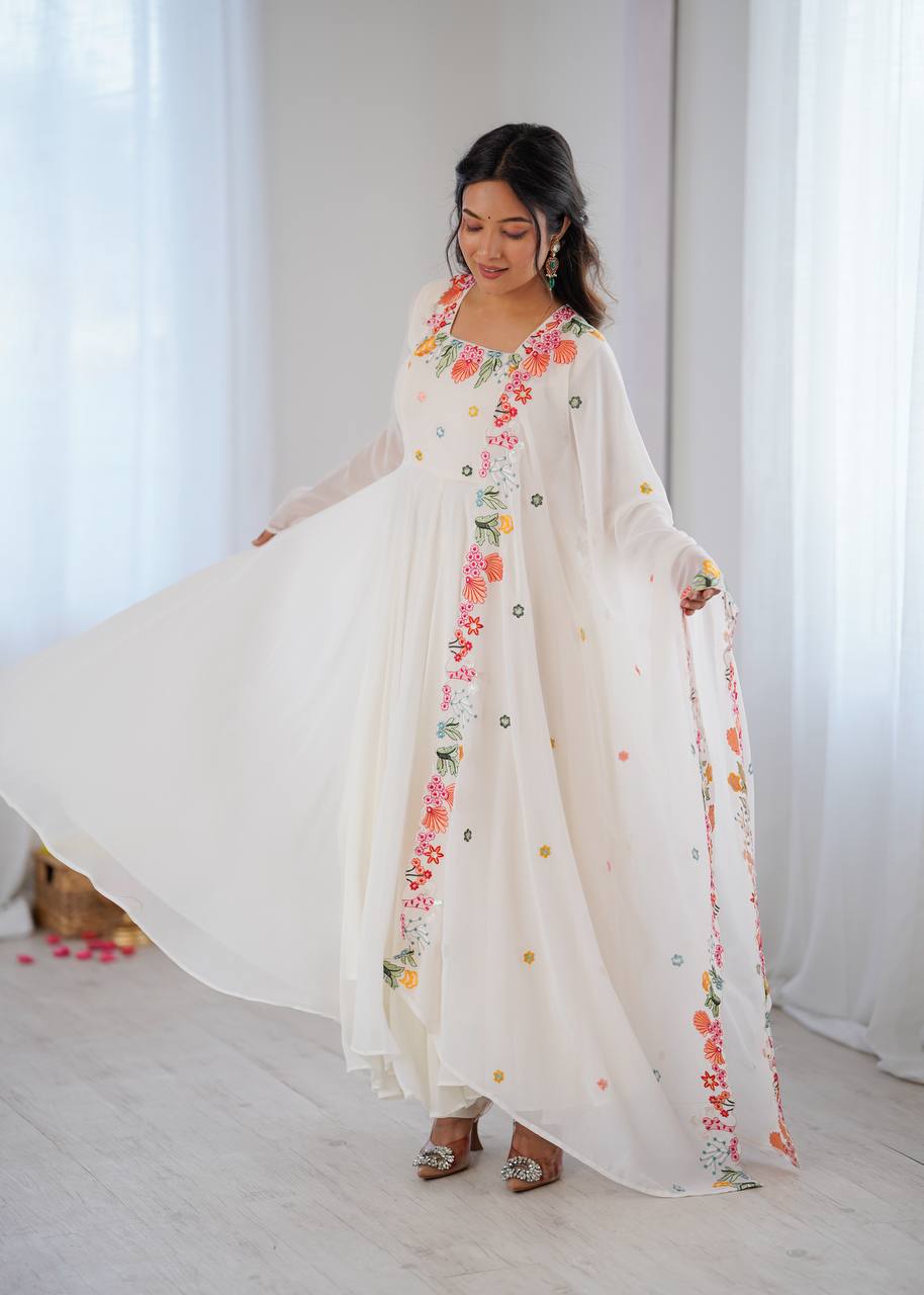 White Floral Embroidered Georgette Anarkali Suit with Dupatta