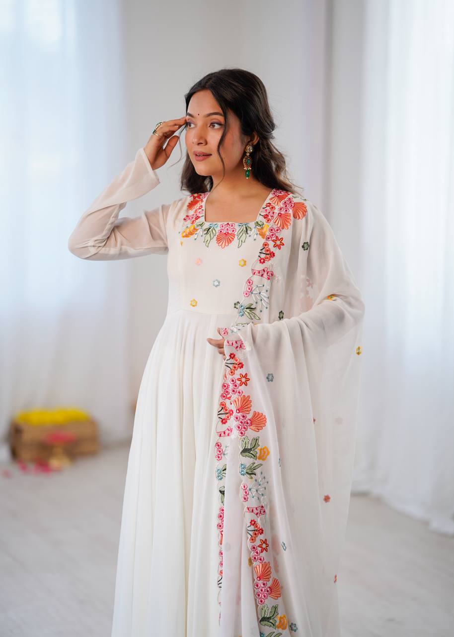 White Floral Embroidered Georgette Anarkali Suit with Dupatta