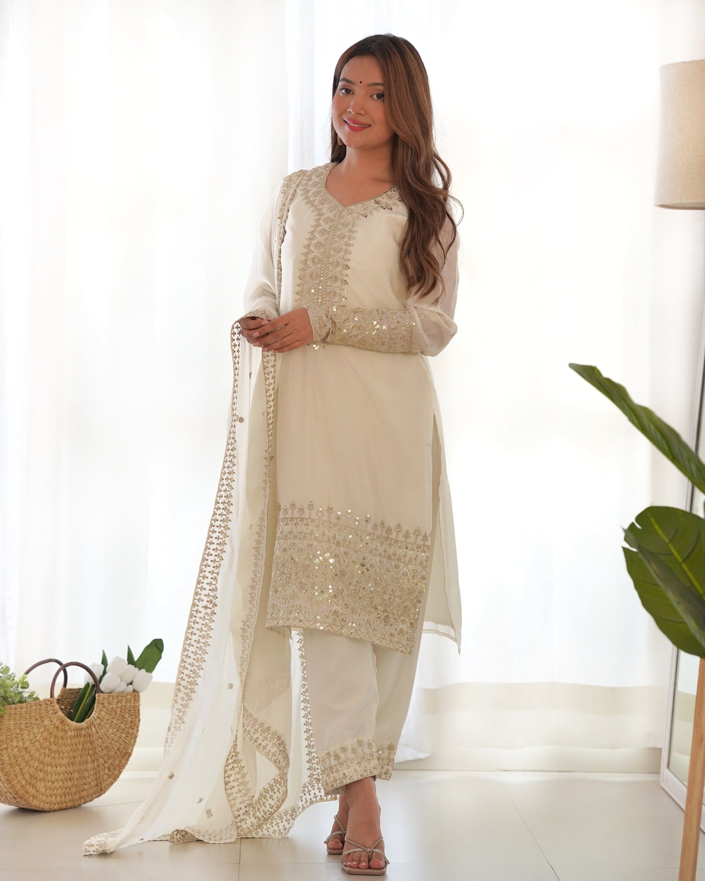 white embroidered kurta set 