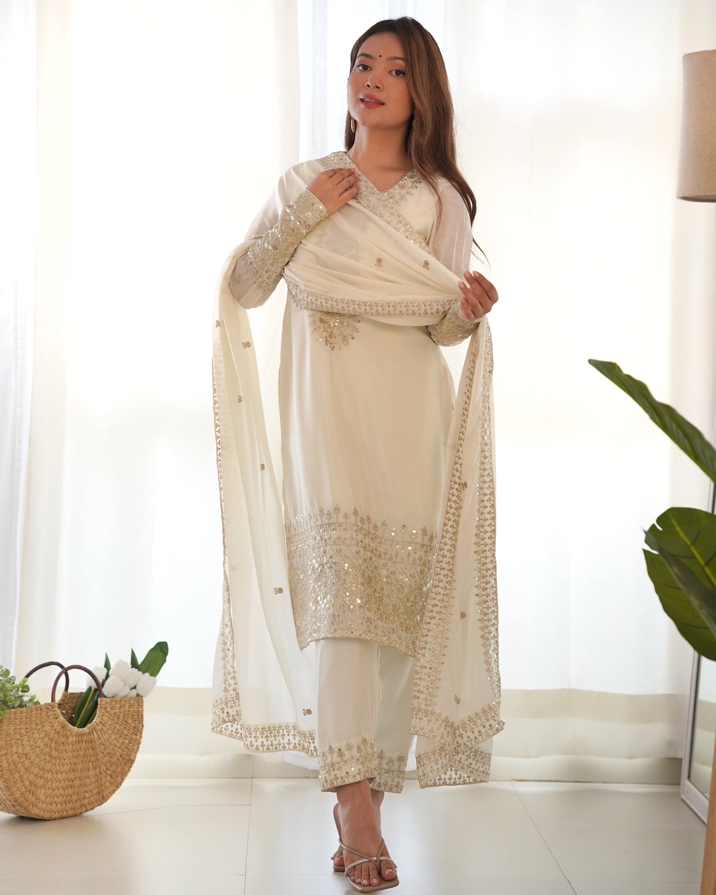 white embroidered kurta set 