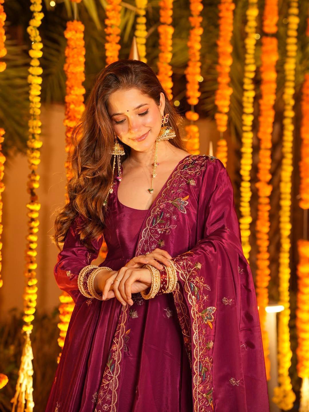 Wine Anarkali Suit Set for Sangeet