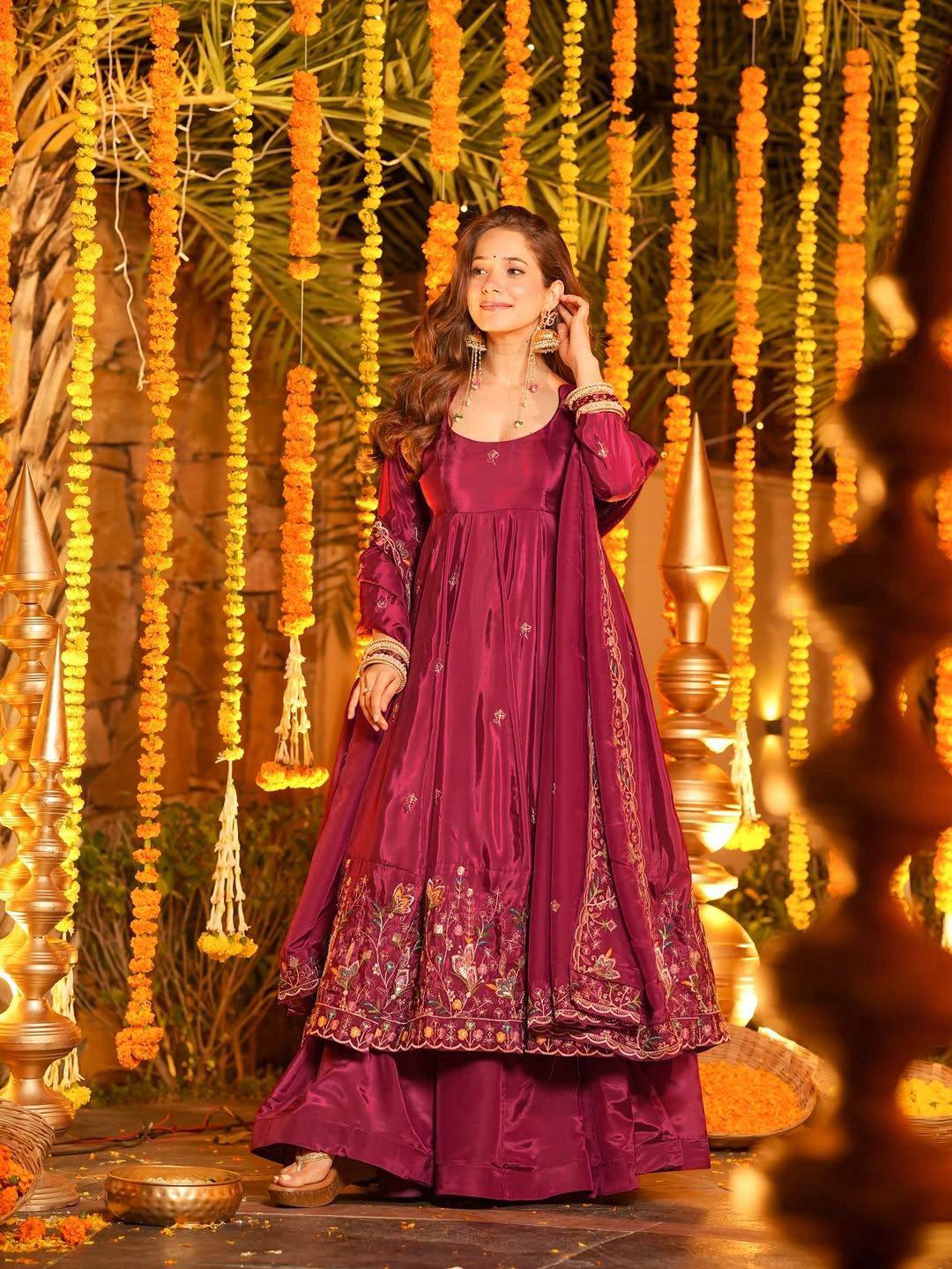 Wine Anarkali Suit Set for Sangeet