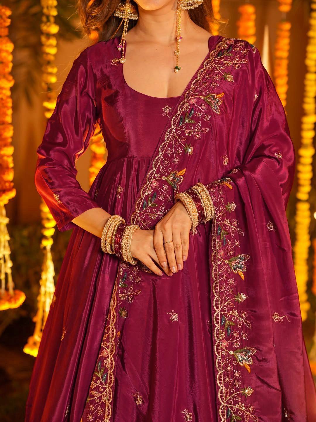 Wine Anarkali Suit Set for Sangeet