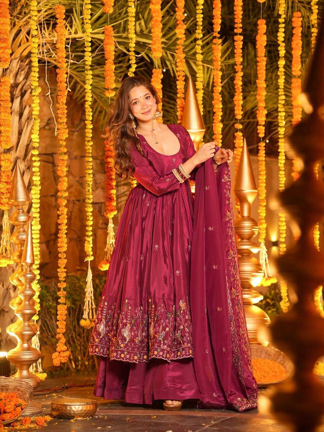 Wine Anarkali Suit Set for Sangeet