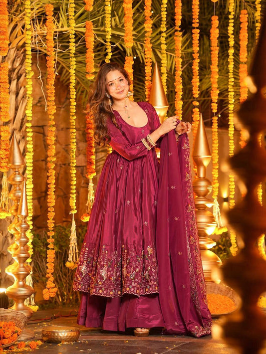 Wine Anarkali Suit Set for Sangeet