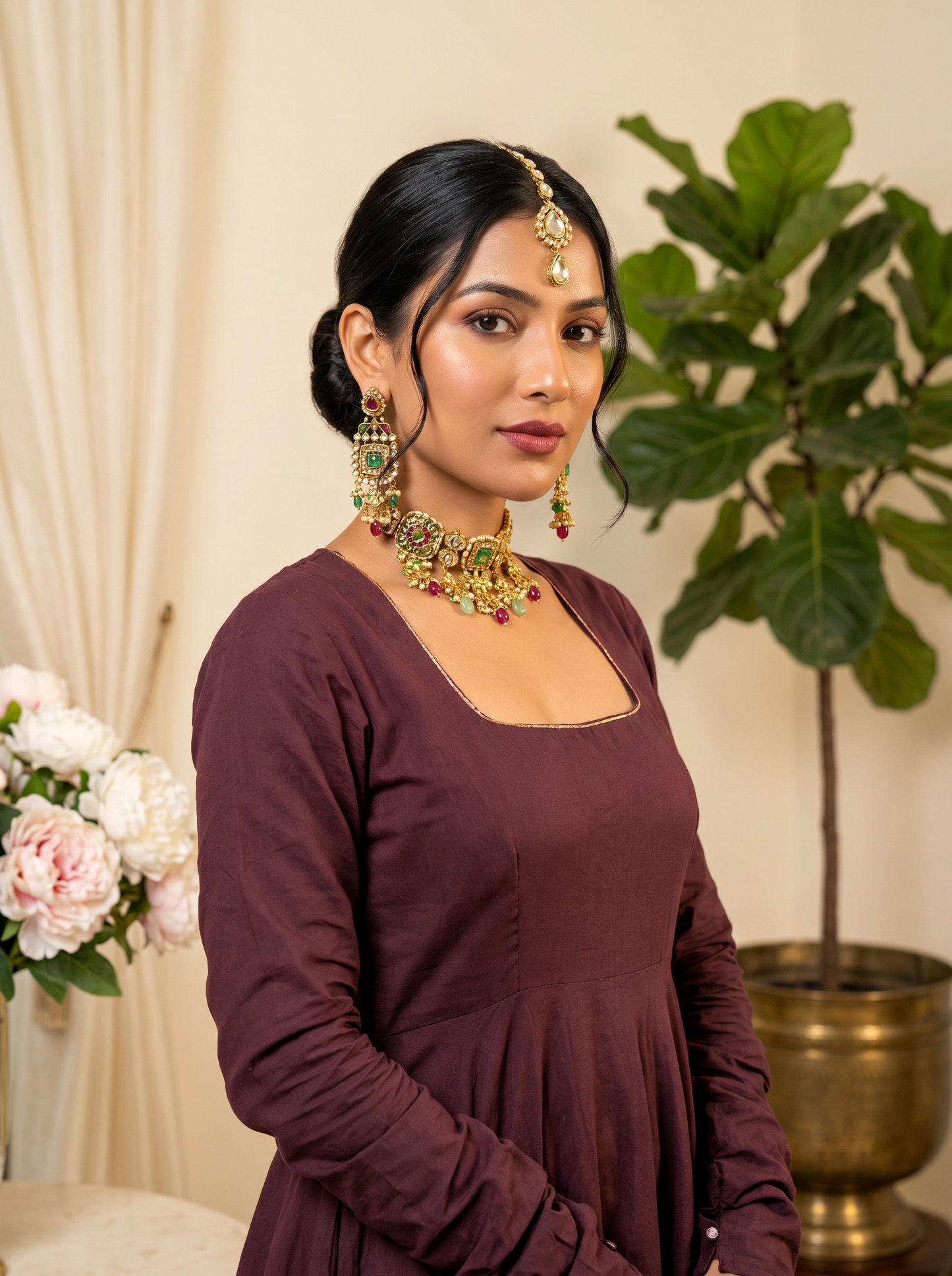 Wine Anarkali Suit with Dupatta for Wedding & Festive Occasions