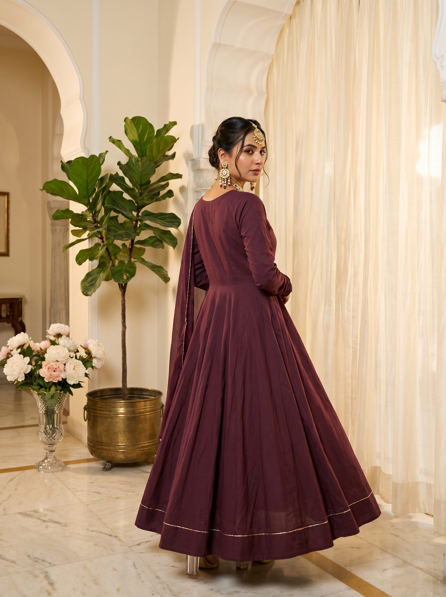Wine Anarkali Suit with Dupatta for Wedding & Festive Occasions