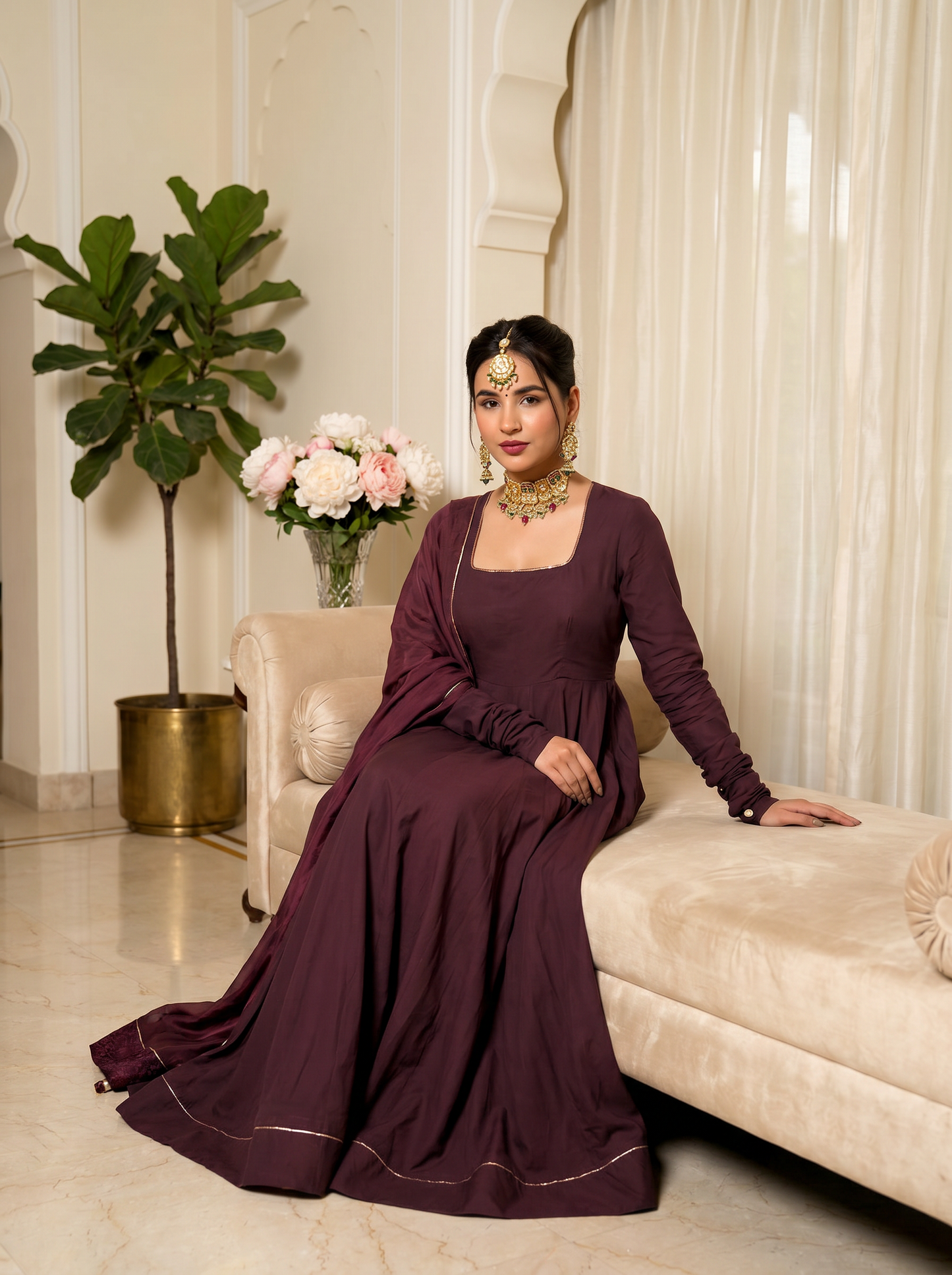 Wine Anarkali Suit with Dupatta for Wedding & Festive Occasions