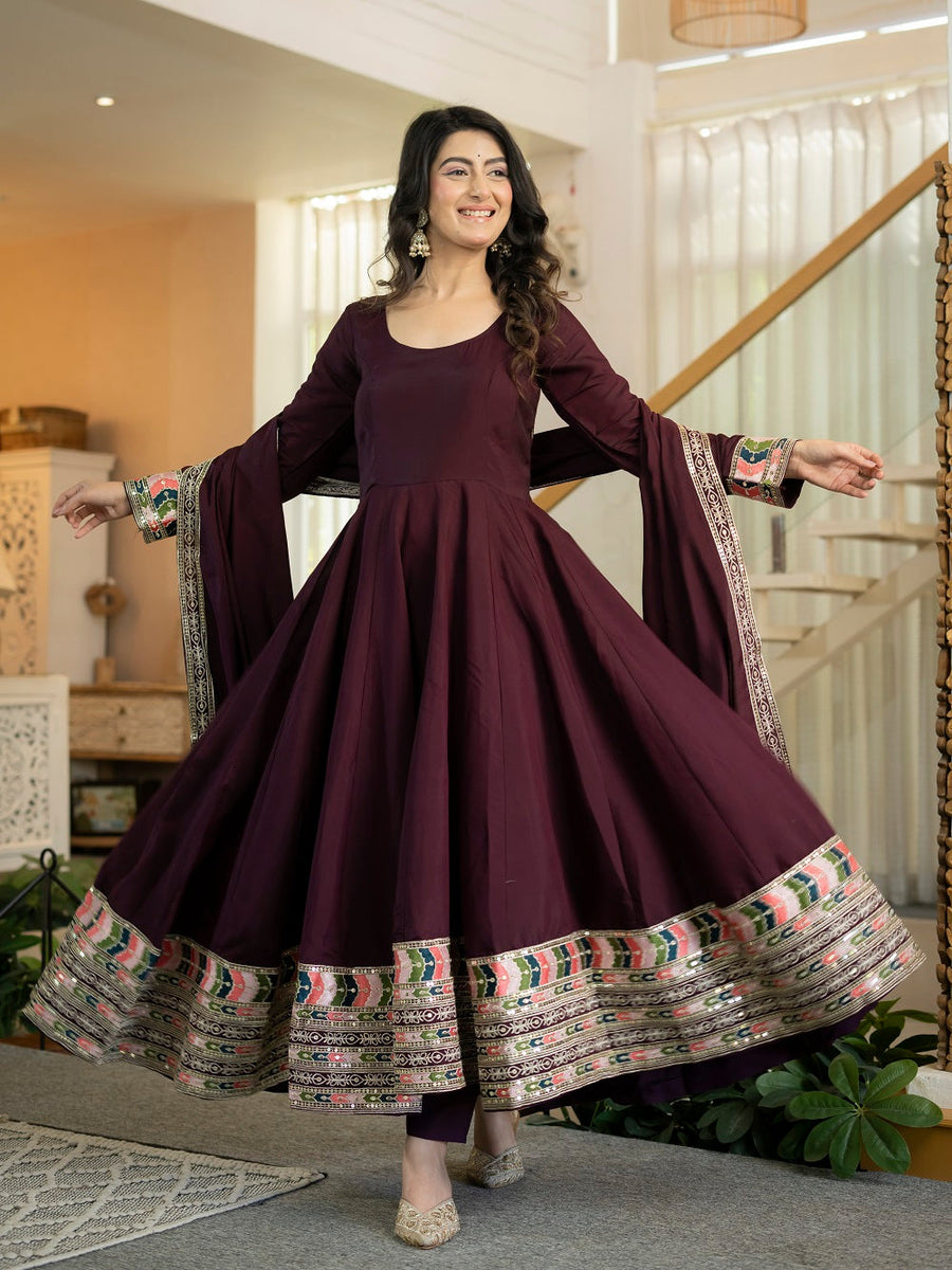 Wine Anarkali Suit with Multicolour Border Dupatta for Reception