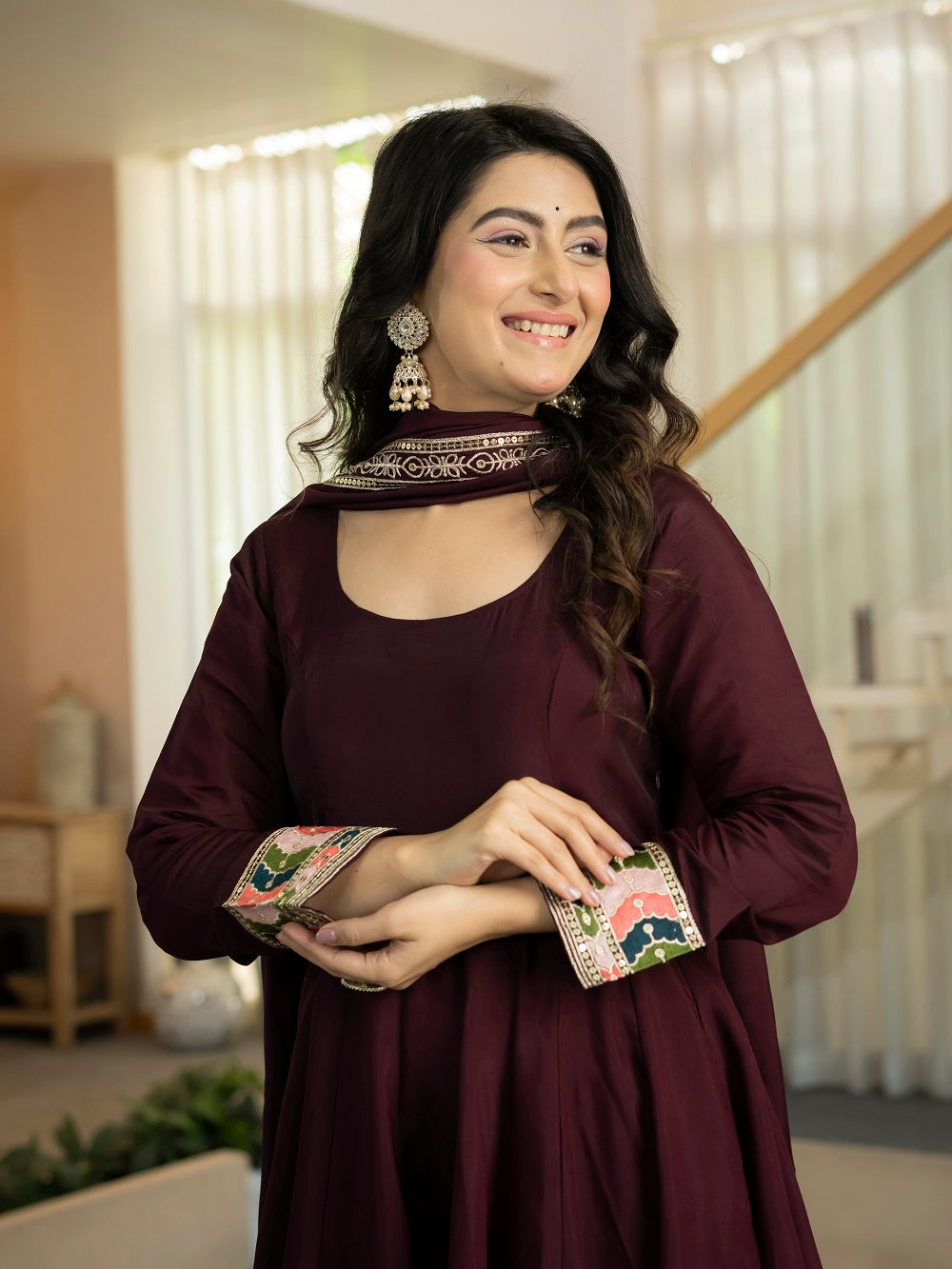 Wine Anarkali Suit with Multicolour Border Dupatta for Reception