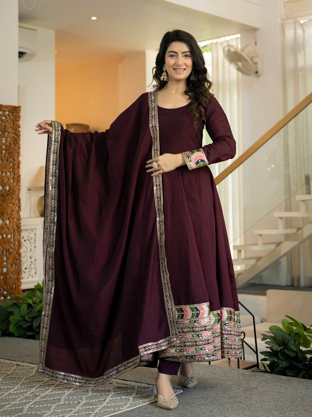 Wine Anarkali Suit with Multicolour Border Dupatta for Reception