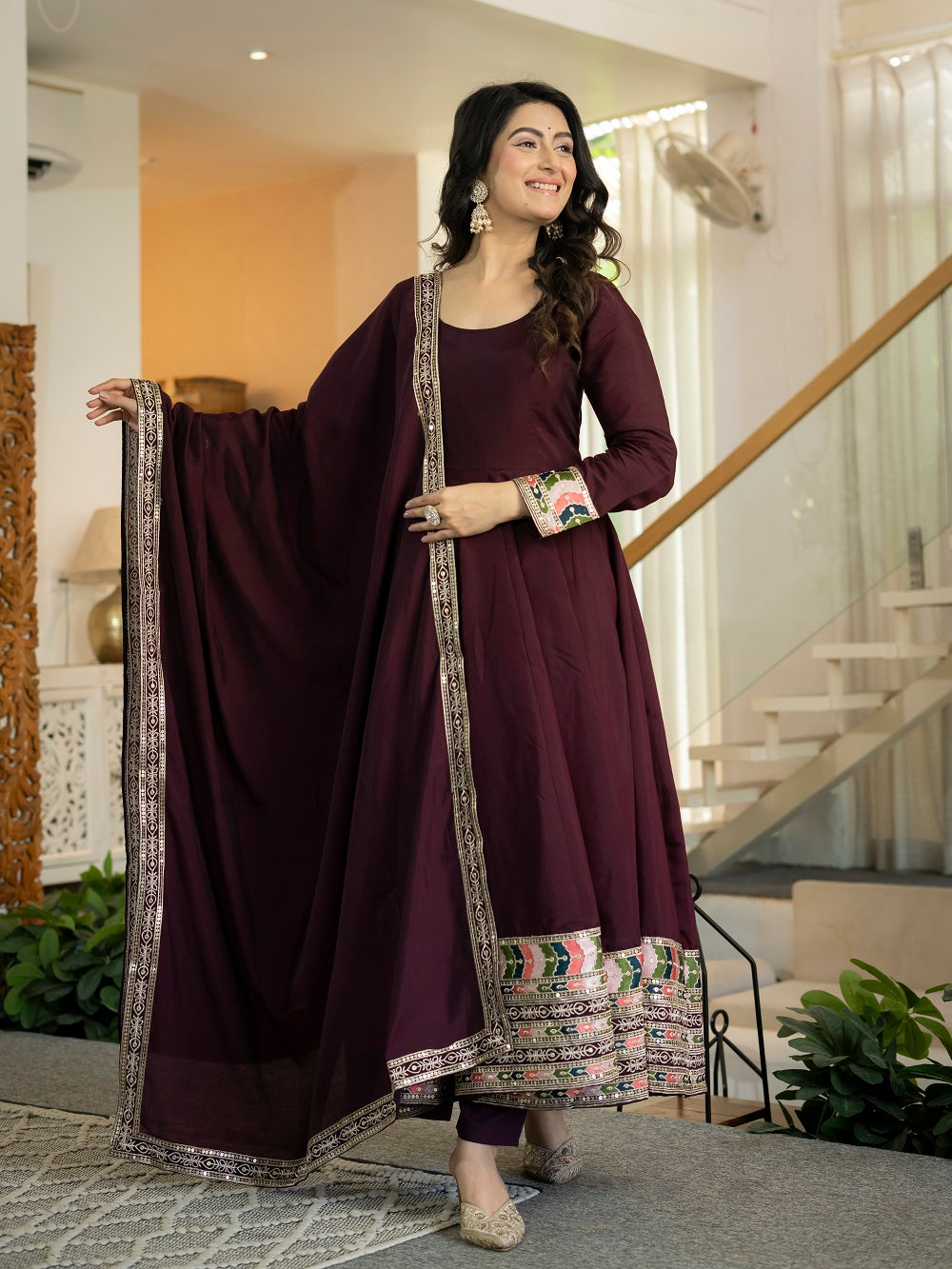 Wine Anarkali Suit with Multicolour Border Dupatta for Reception