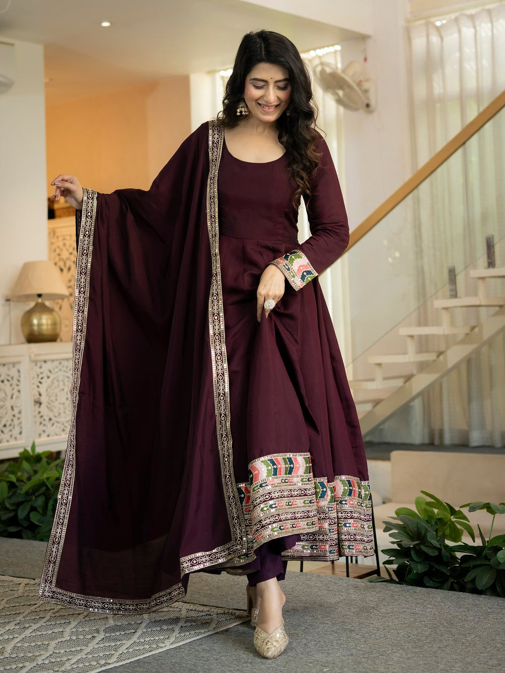 Wine Anarkali Suit with Multicolour Border Dupatta for Reception