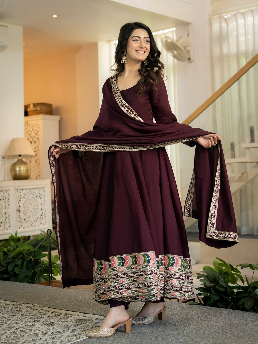 Wine Anarkali Suit with Multicolour Border Dupatta for Reception