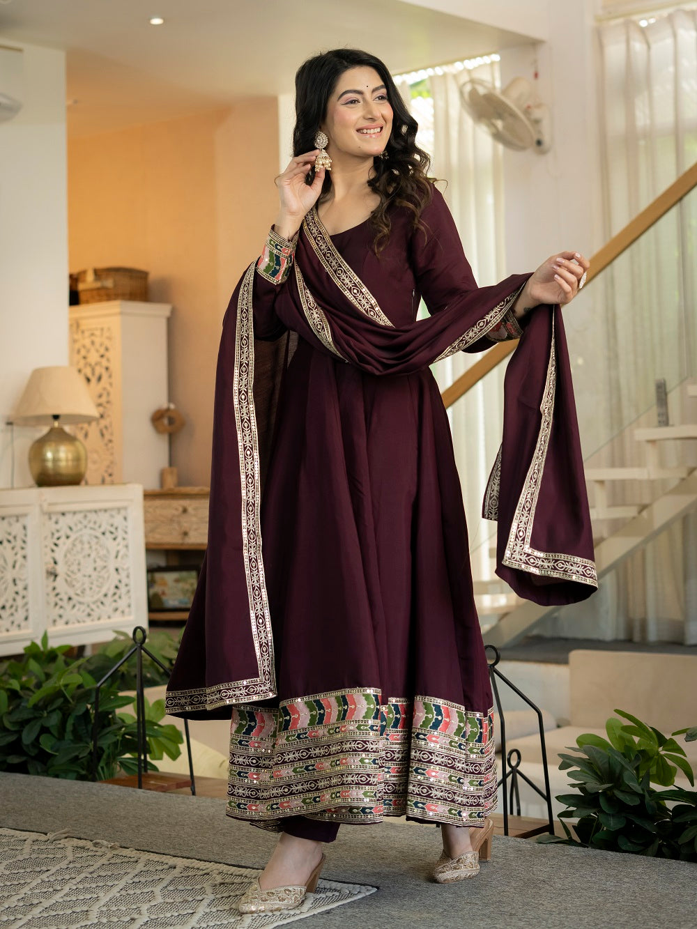 Wine Anarkali Suit with Multicolour Border Dupatta for Reception