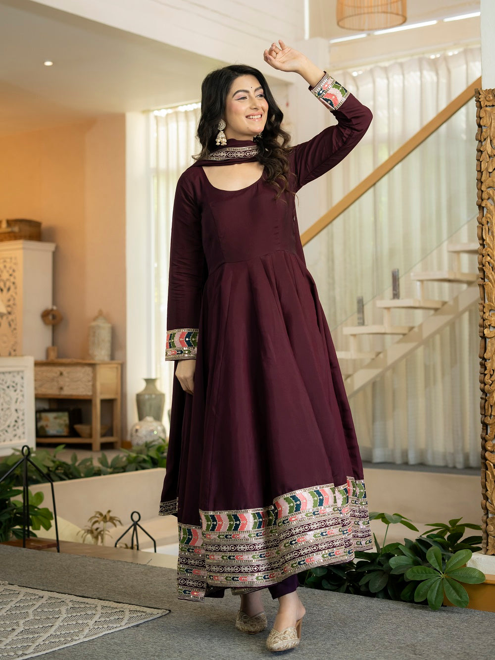 Wine Anarkali Suit with Multicolour Border Dupatta for Reception