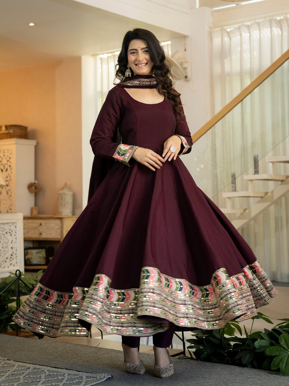 Wine Anarkali Suit with Multicolour Border Dupatta for Reception
