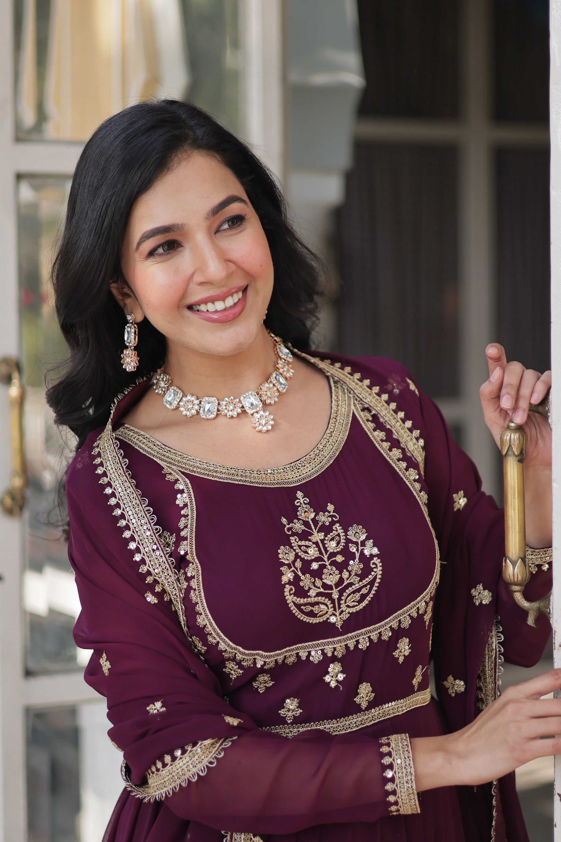 wine embroidered work gown 