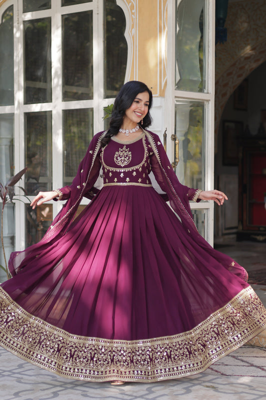 wine embroidered work gown 