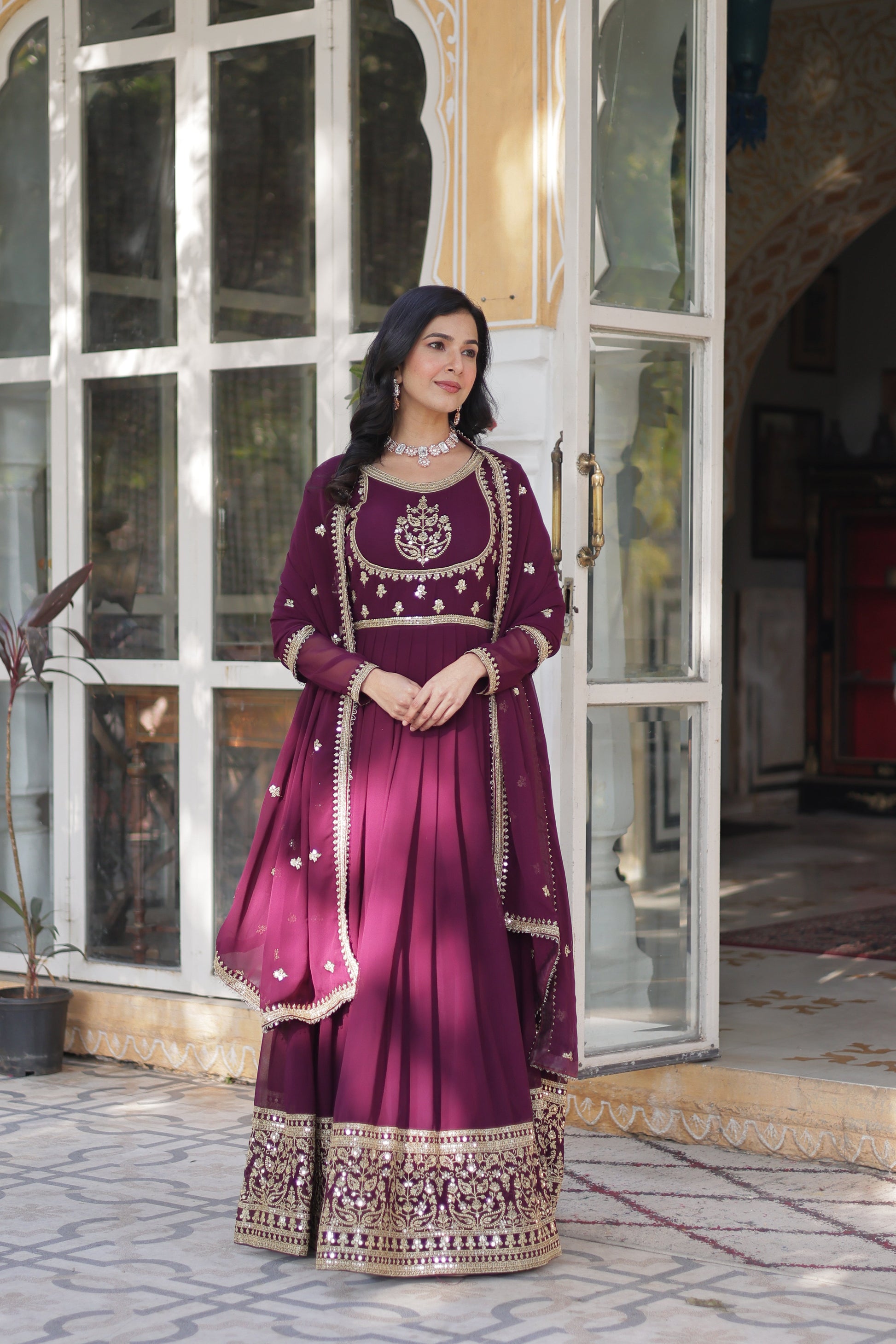wine embroidered work gown 