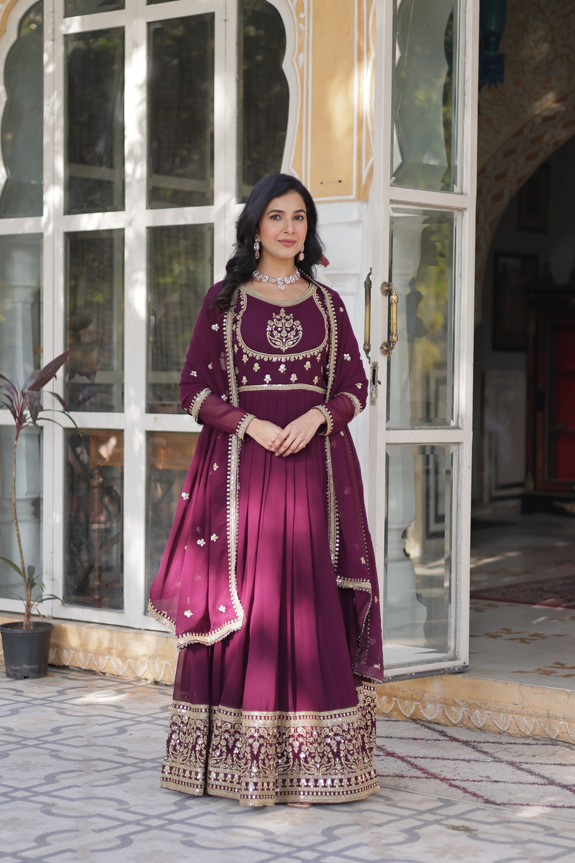 wine embroidered work gown 