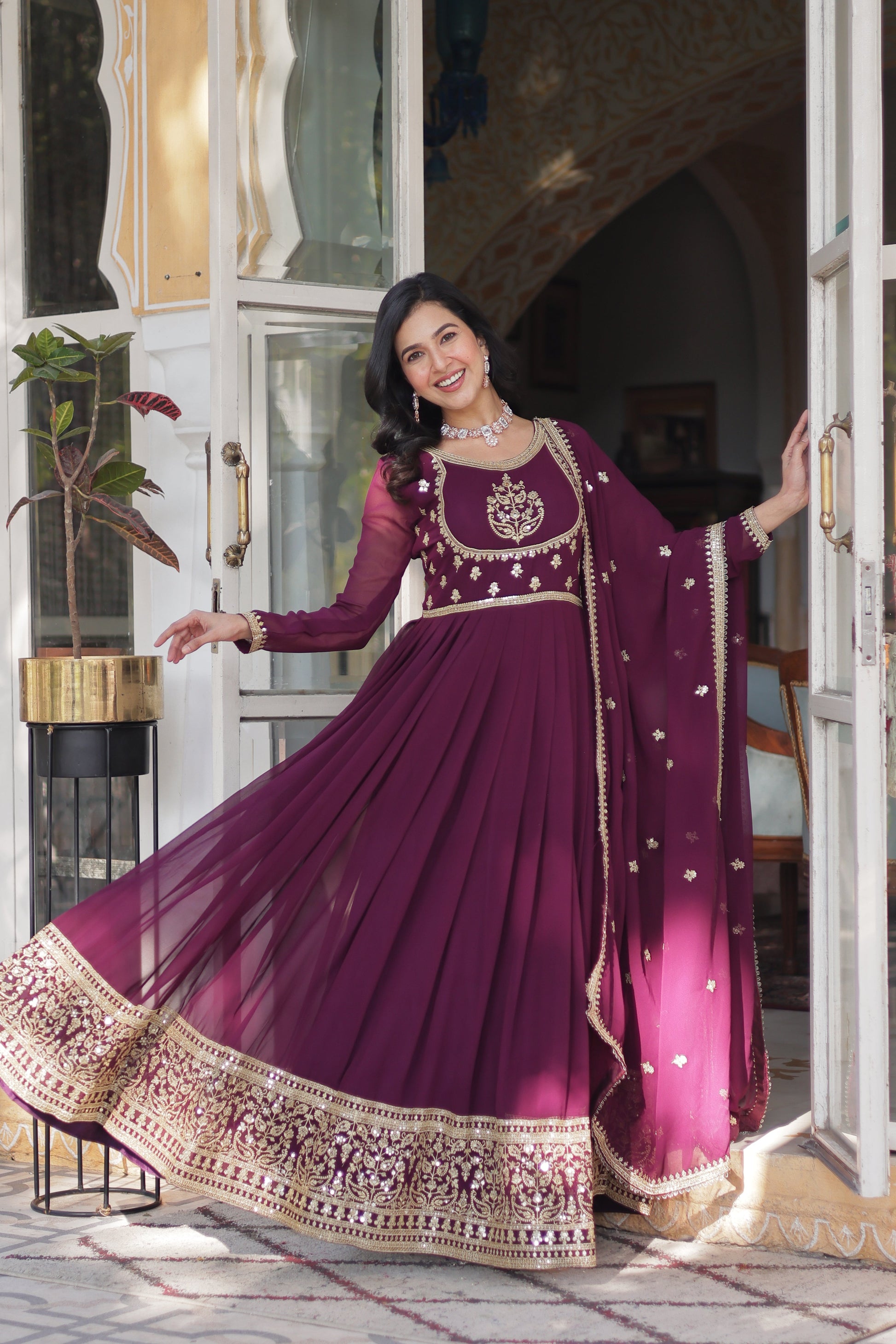 wine embroidered work gown 