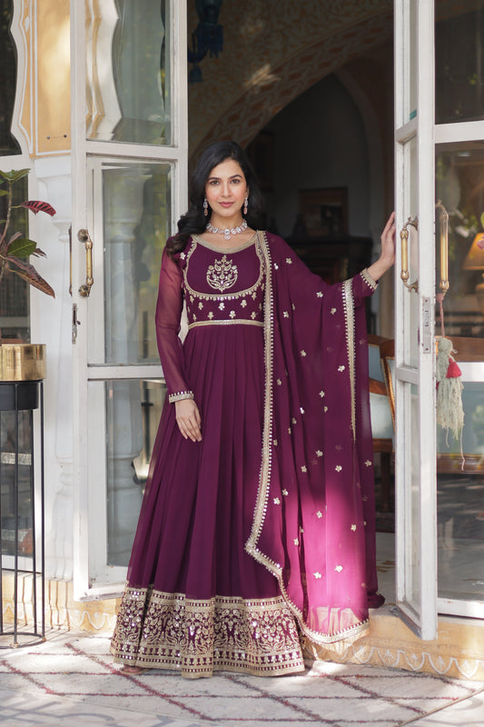 wine embroidered work gown 