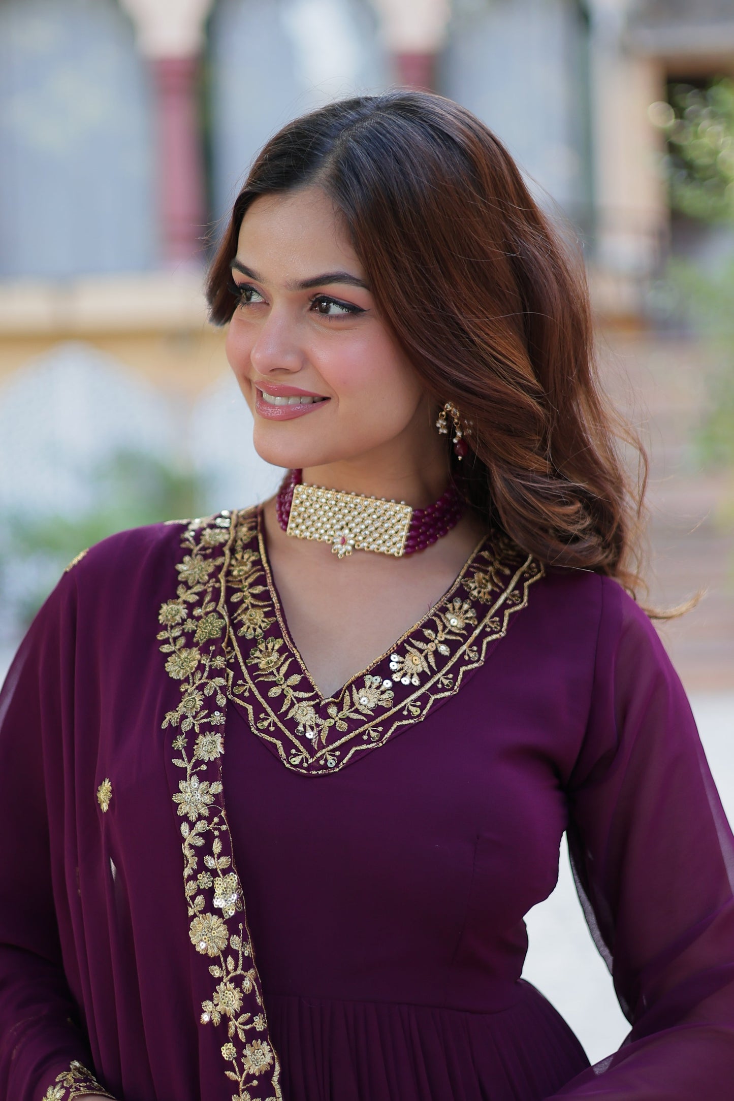 wine georgette gown with dupatta 