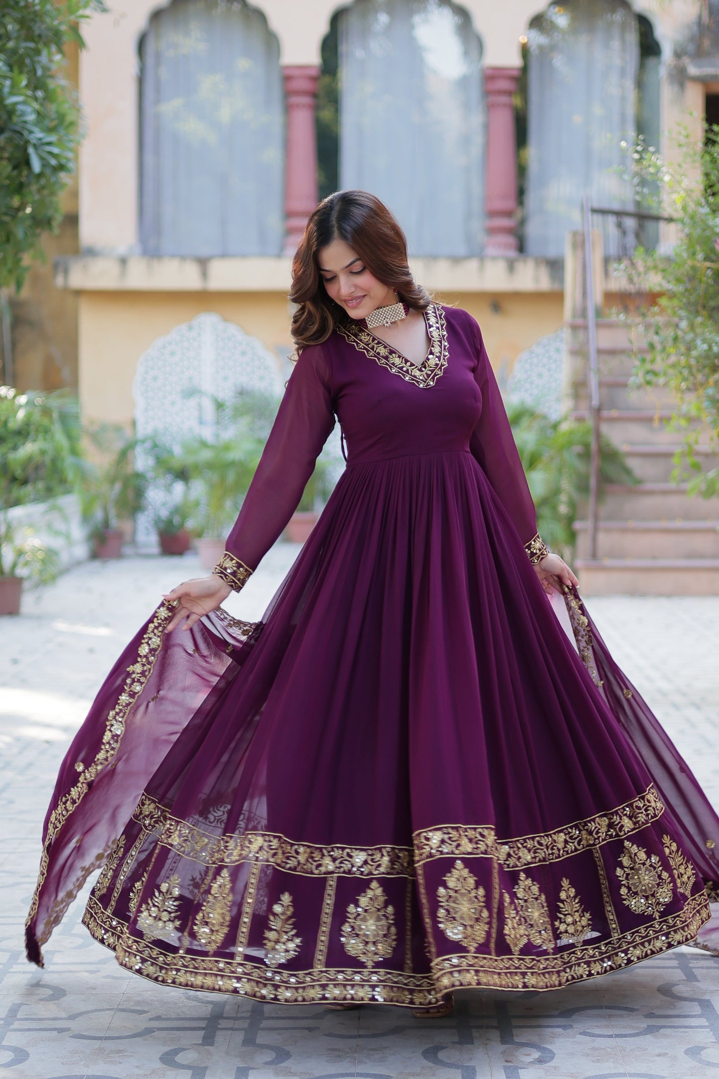 wine georgette gown with dupatta 