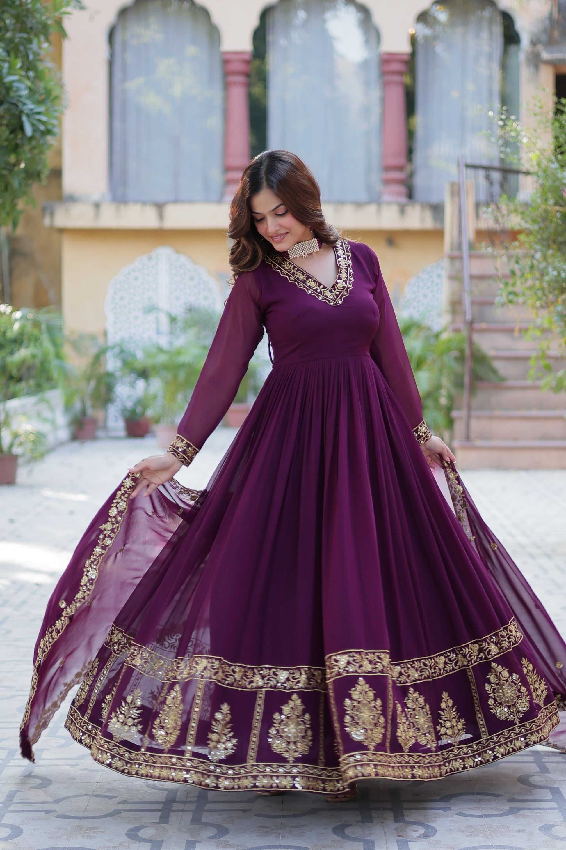 wine georgette gown with dupatta 