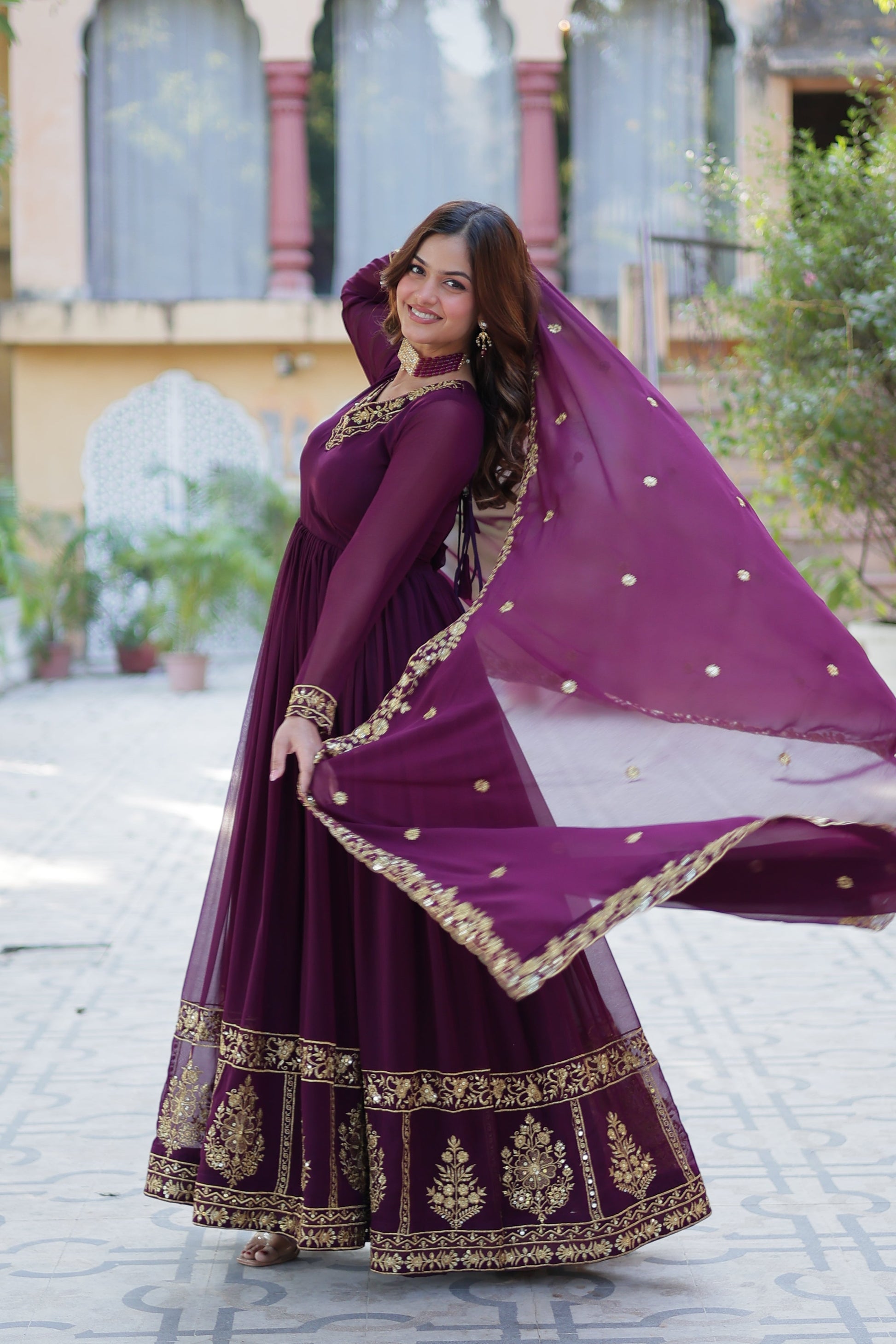 wine georgette gown with dupatta 