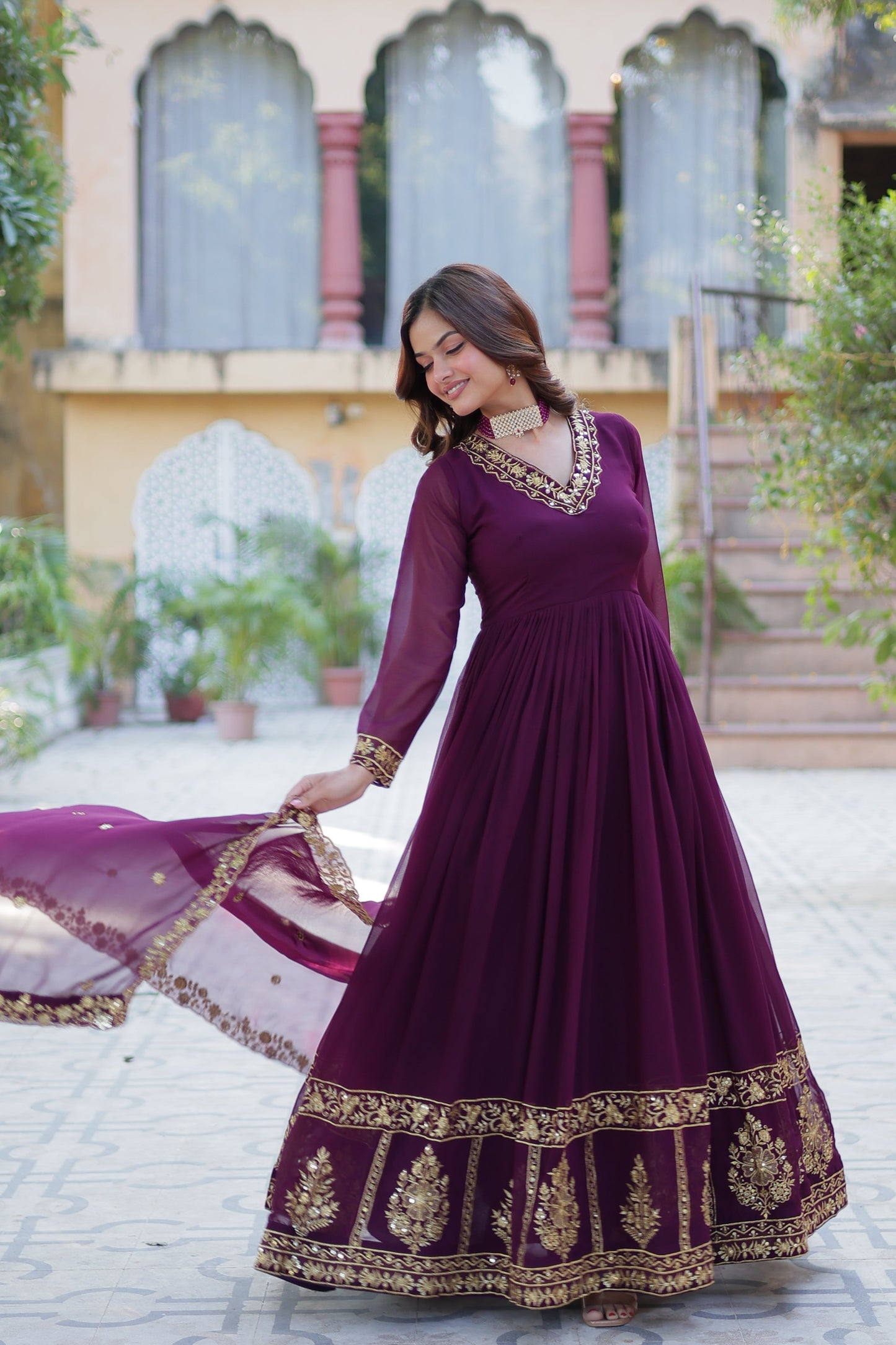 wine georgette gown with dupatta 