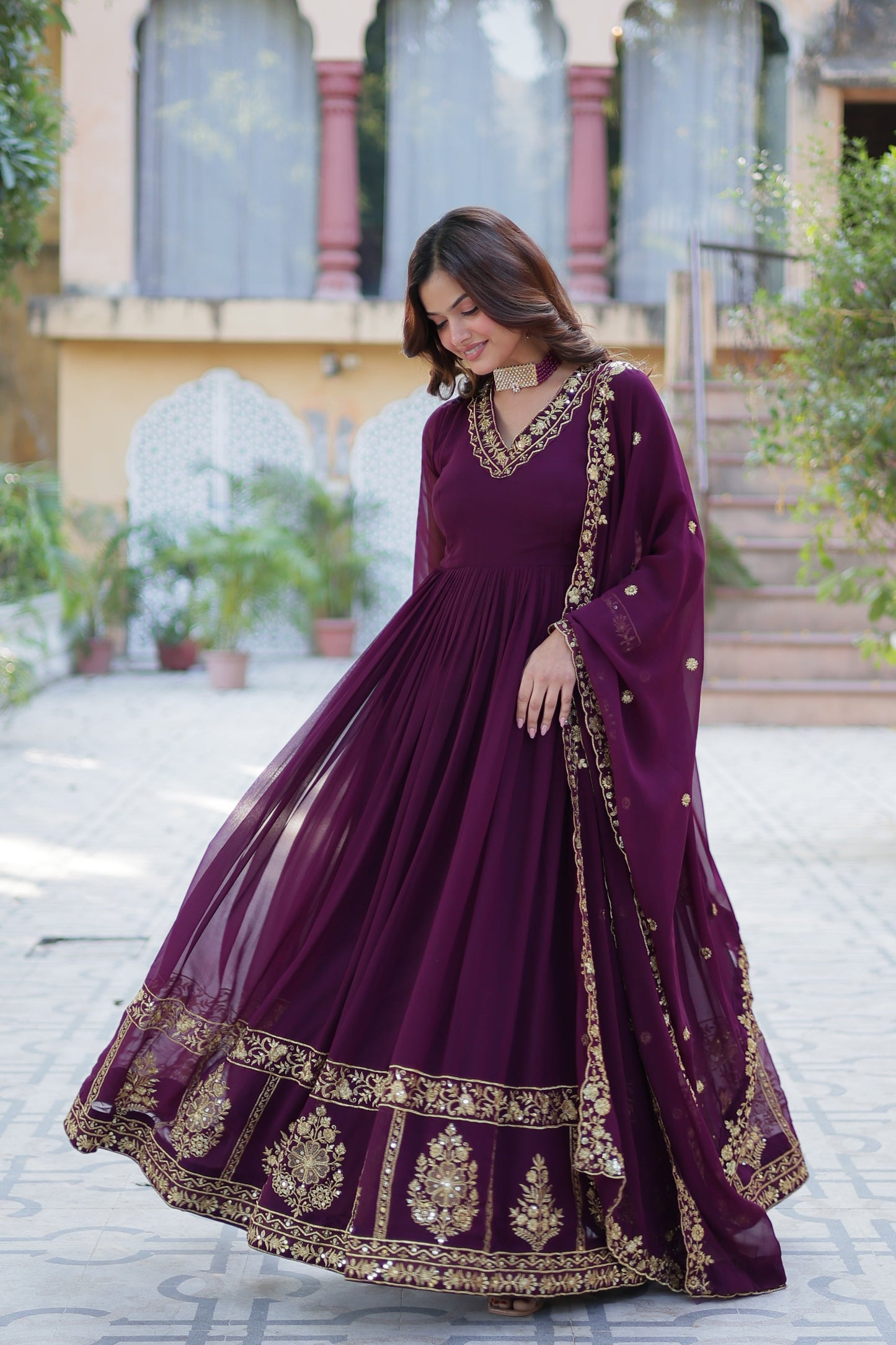 wine georgette gown with dupatta 