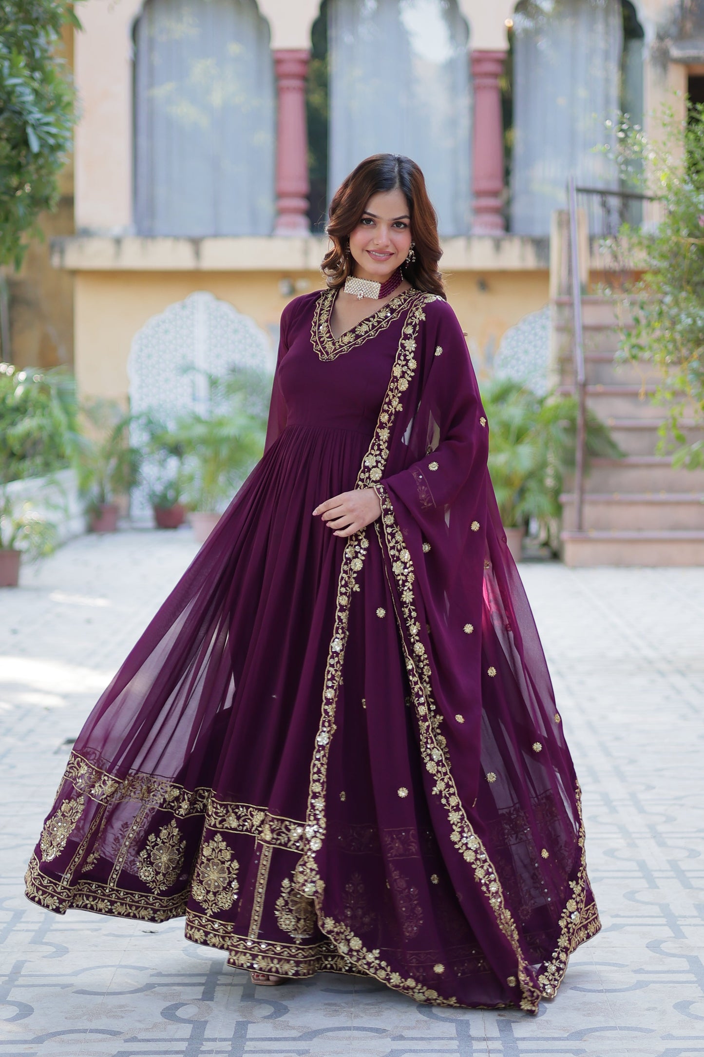 wine georgette gown with dupatta 