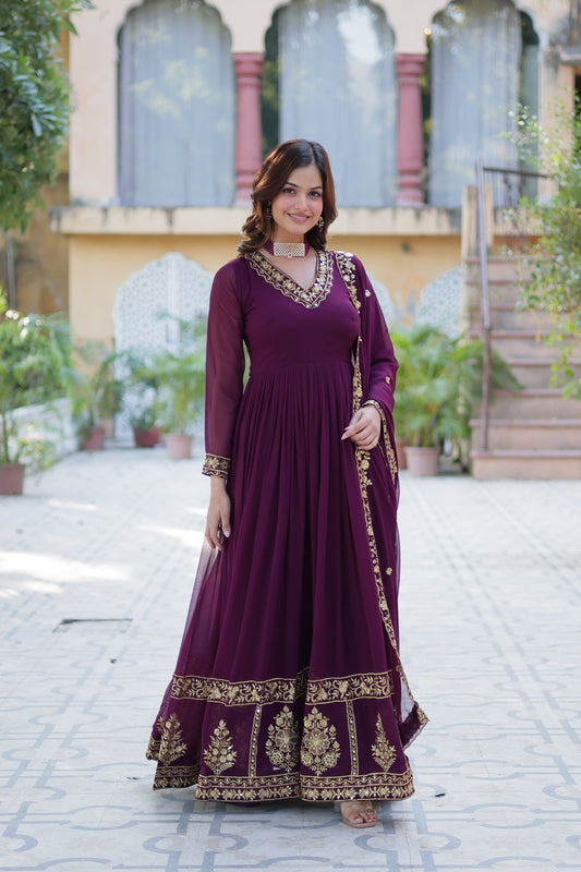 wine georgette gown with dupatta 
