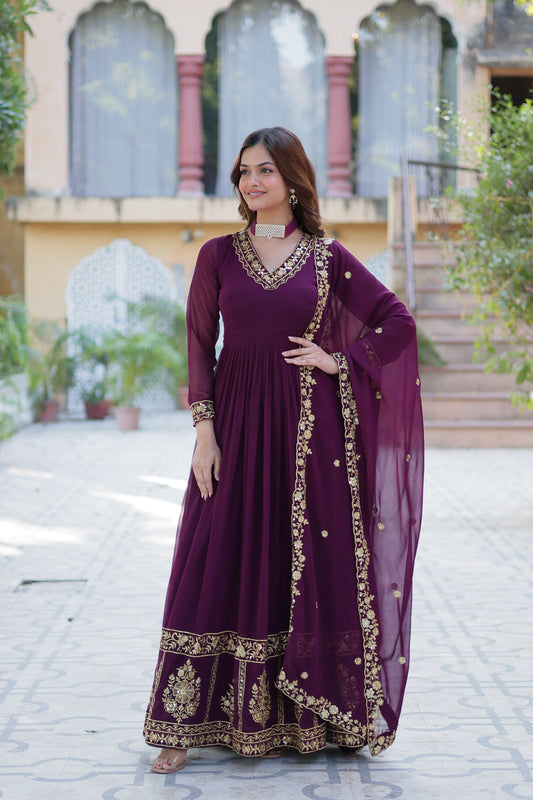 wine georgette gown with dupatta main
